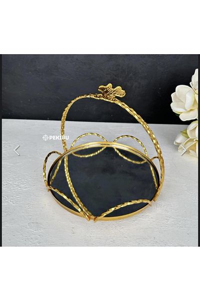 PEKİBU Papatya Model Handled Mirrored Presentation Tray Gold Small