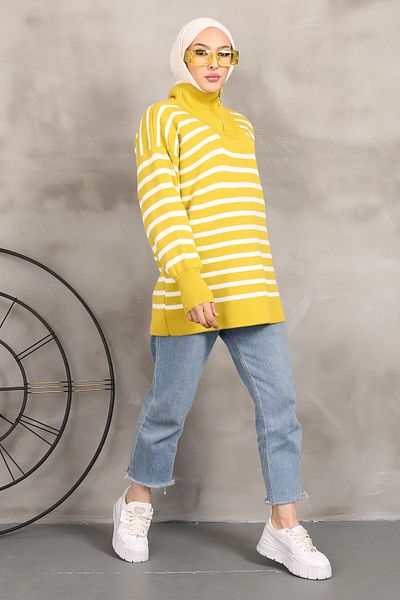 İmajButik سترة تريكو مخططة بسحّاب وياقة زيتية خضراء