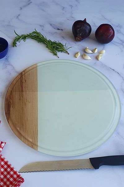 Decorita Channeled Glass Cutting Board - Glass Cutting Table| Wooden Patterned Edge| Diameter32cm| Patented Product