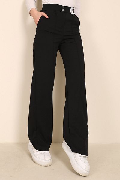 İmajButik Black Front Grass Pocket Embroidered Wide Leg Trousers