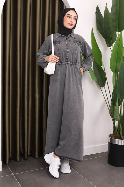 İmajButik Smoked Color - Τζιν φόρεμα με κουμπιά στο γιακά και ελαστική μέση