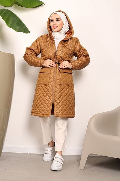 İmajButik Tan Plus Size Hooded Quilted Coat
