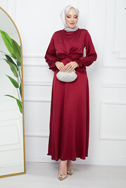 İmajButik Rochie de seară din satin cu mâneci burgundy cu detaliu în față