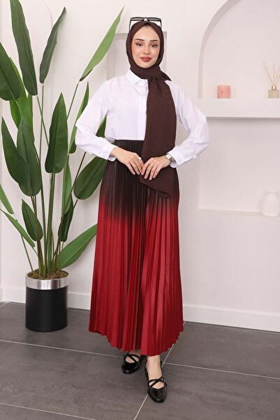 İmajButik Long Claret Red Skirt - Pleated and Color Detailed