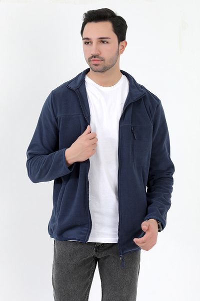 JB John Borners Men's Stand Collar Fleece Navy Blue Pocket Detailed Zippered Soft Textured - 6019