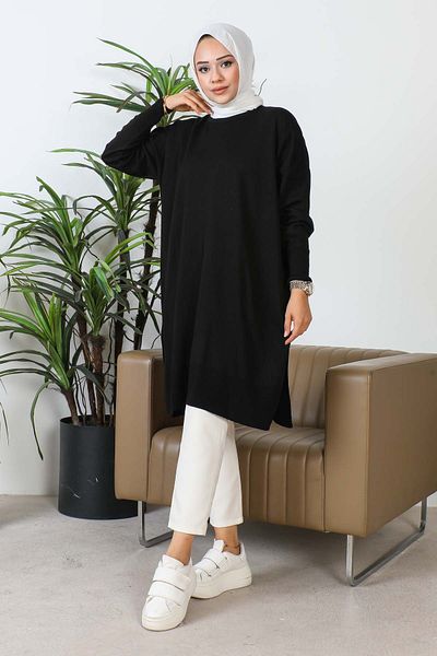 İmajButik سترة تريكو كاجوال مرسيريزد برقبة دائرية سوداء