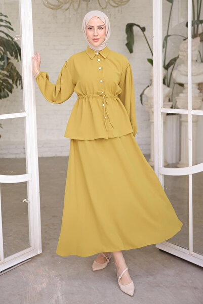 İmajButik Oil Green Waist Detailed Tunic Skirt Set