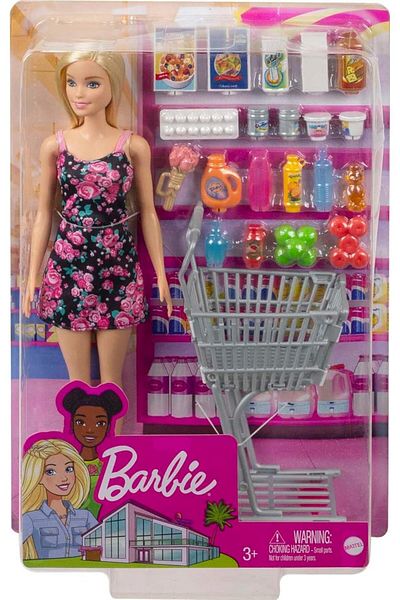 mattel Barbie Shopping Time Doll Grocery Cart Playset GTK94