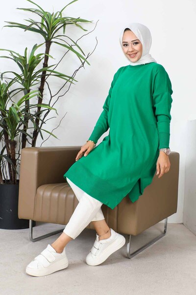 İmajButik Green Crew Neck Mercerized Casual Knitwear Tunic