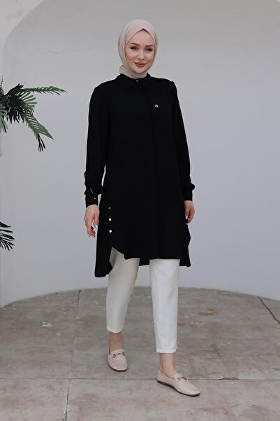 Armine TREND Gömlek Yakalı Gizli Düğmeli Tunik-Siyah 24KT473