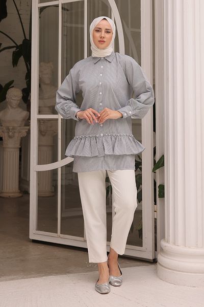 İmajButik Smoked Striped Tunic - with Ruffles and Pearls