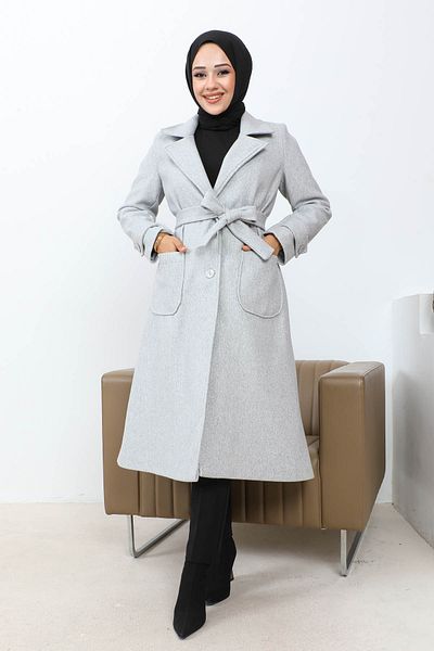 İmajButik Ανοιχτό γκρι ριμπ γιακά με σταμπωτό παλτό