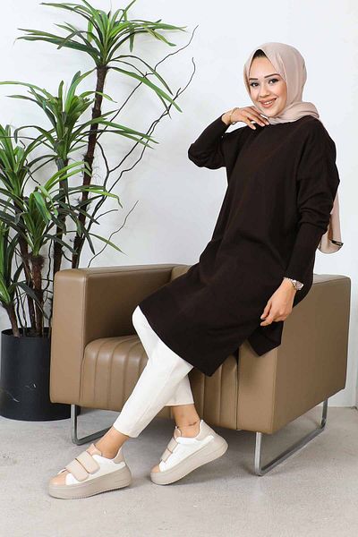 İmajButik سترة تريكو كاجوال مرسيريزد بياقة دائرية باللون البني