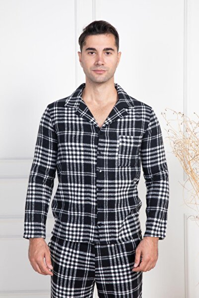 Mecit Pijama Gömlek Yakalı Boydan Düğmeli Uzun Kollu Kareli Kışlık Erkek Pijama Takımı