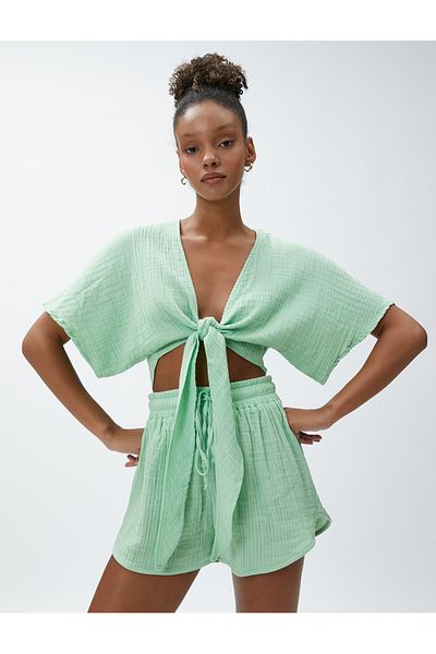 Koton Crop Yoga T-Shirt με Muslin Kimono look και λεπτομέρεια γραβάτας
