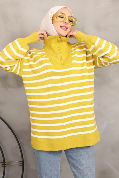 İmajButik سترة تريكو مخططة بسحّاب وياقة زيتية خضراء