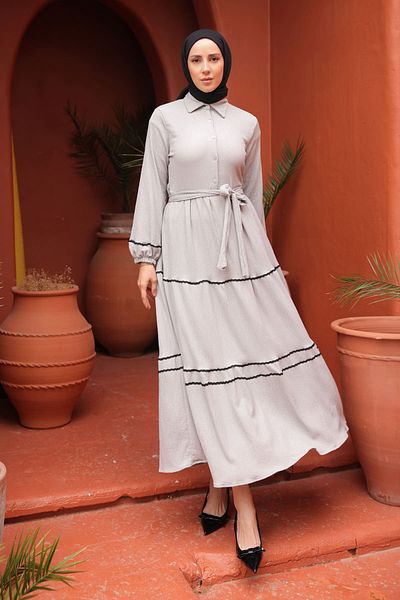 İmajButik Gray Sleeve Elastic Hem Folded Stripe Wrinkled Dress
