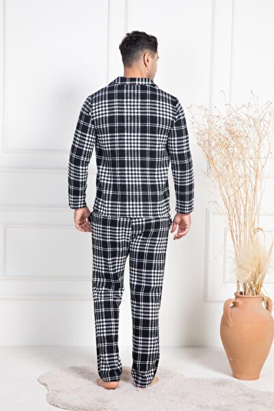 Mecit Pijama Erkek Ekoseli Büyük Beden Kışlık Gömlek Yaka Önden Düğmeli Pijama Takımı %75 Pamuk %25 Viskon