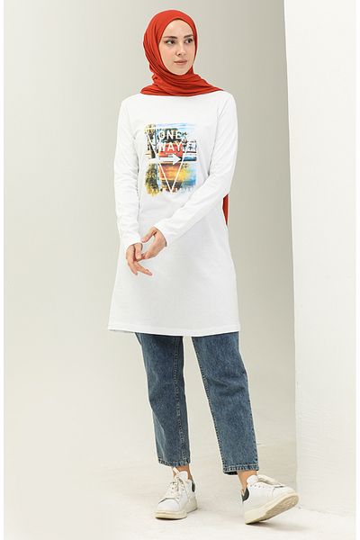 sefamerve White Printed Tunic 6022-03