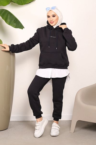 İmajButik Dark Navy Blue Hooded Three Thread Tracksuit Set