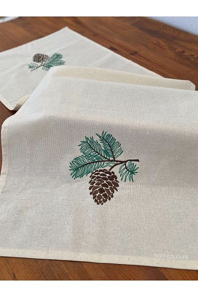 Soft Colours Organic Raw Linen - Christmas Cone Embroidered Runner 40X140 cm