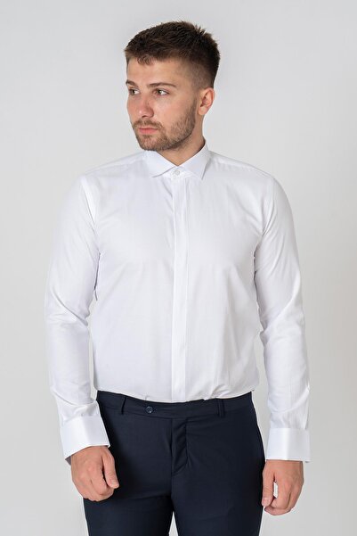 White Stone White Slim Fit Flexible Stretch Fabric Ata Collar Cotton Shirt