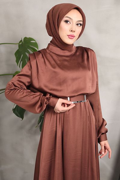 İmajButik Καφέ Σατέν βραδινό φόρεμα με πλισέ ζώνη