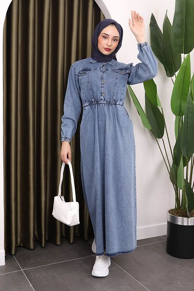 İmajButik Μπλε τζιν φόρεμα - με κουμπιά γιακά και ελαστική μέση