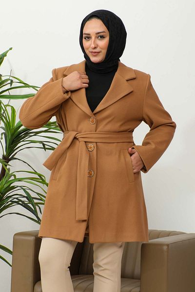 İmajButik Palton Camel Plus Size cu guler dublu