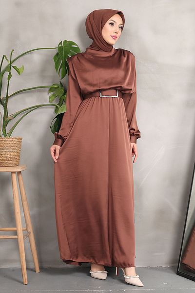İmajButik Καφέ Σατέν βραδινό φόρεμα με πλισέ ζώνη