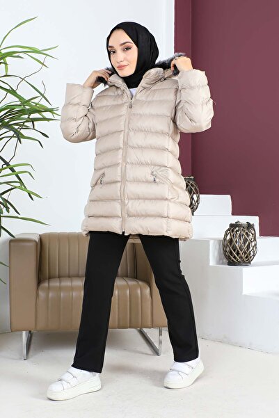 İmajButik Beige Plus Size Hooded Short Puffer Coat