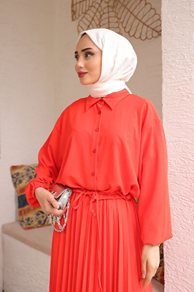 İmajButik Pomegranate Flower Arm Waist Detailed Blouse Pleated Skirt Set