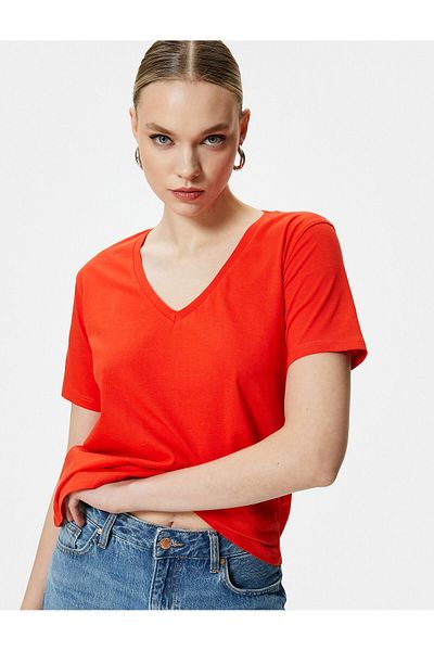 Koton V-Neck Cotton Short Sleeve Basic T-Shirt