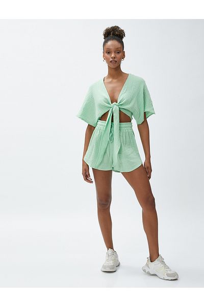 Koton Crop Yoga T-Shirt με Muslin Kimono look και λεπτομέρεια γραβάτας