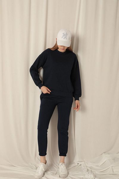 Lukas Three Yarn Fabric Basic Women's Navy Blue Sweat