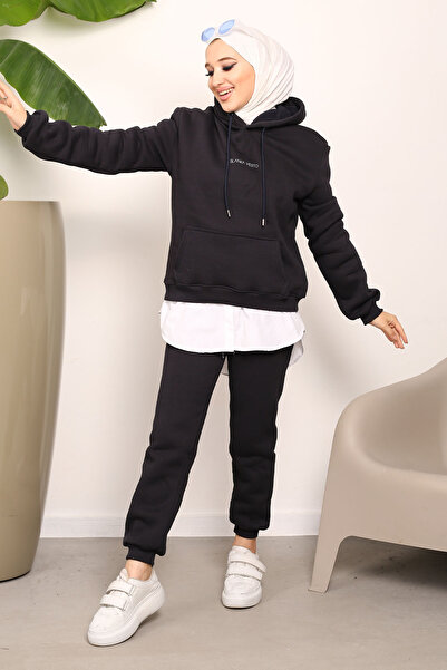 İmajButik Dark Navy Blue Hooded Three Thread Tracksuit Set