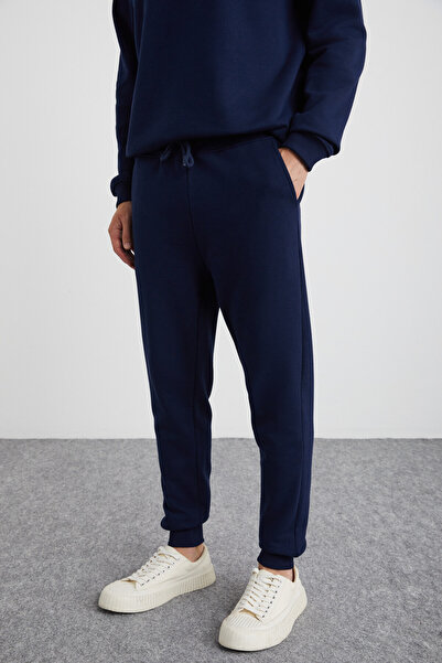 GRIMELANGE Adens férfi prémium puha szövet – 3 szálú sötétkék melegítőnadrág, bordázott elasztikus szár