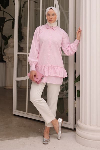 İmajButik Ροζ ριγέ και βολάν μαργαριτάρι τουνίκ
