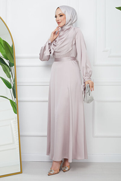 İmajButik Gold Collar Detailed Sleeve Tied Satin Evening Dress