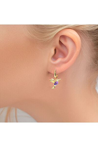 İNDİGO TAKI Ametist Damla Taşlı Arı Kuşu Altın Kaplama Gümüş Küpe