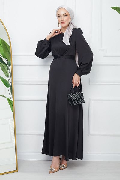 İmajButik Μαύρο σατέν βραδινό φόρεμα με λεπτομέρεια δεσίματος