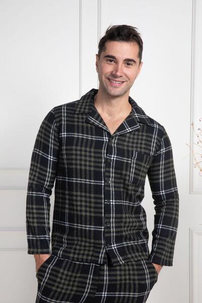 By Mecit Pijama Men's Plaid Plus Size Winter Shirt Collar Button-Front Pajama Set 75% Cotton 25% Viscose