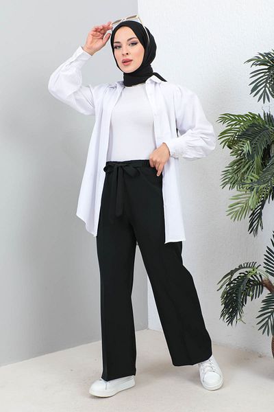 İmajButik Black High Waist Wide Leg Fabric Trousers