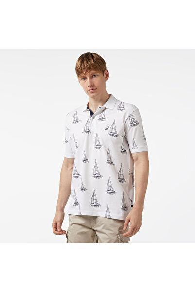 Nautica Erkek Beyaz Classic Fit Kısa Kollu Desenli Polo Yaka T-shirt