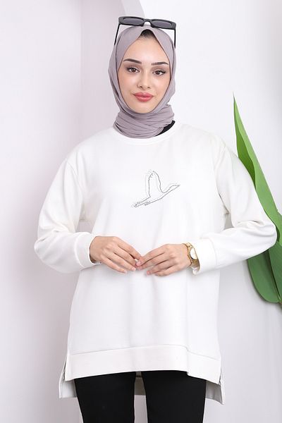 İmajButik Φούτερ εκρού Crew Neck Side Slit