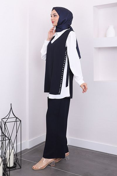 İmajButik بدلة ثلاثية بتفاصيل جانبية باللون الأزرق الداكن