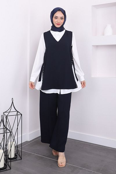 İmajButik بدلة ثلاثية بتفاصيل جانبية باللون الأزرق الداكن