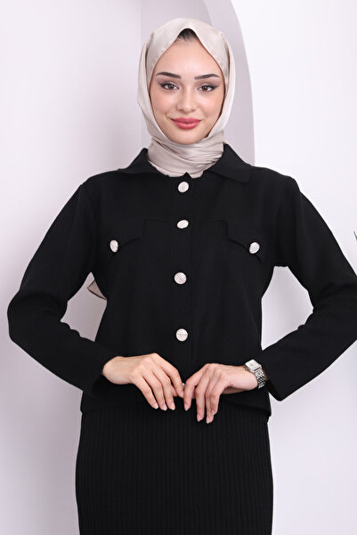 İmajButik Μαύρο Crop Jacket Φόρεμα Διπλό Συνδυαστικό Πλεκτό Σετ