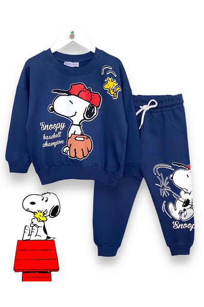 LİTTLE TORTOİSE Boy's Navy Color Snoopy Printed Long Sleeve Raster Sweatshirt / Sweatpants Set