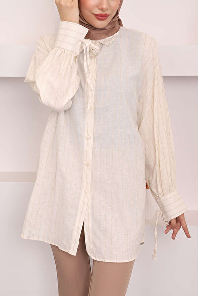 İmajButik Λινό μπεζ ριγέ πουκάμισο